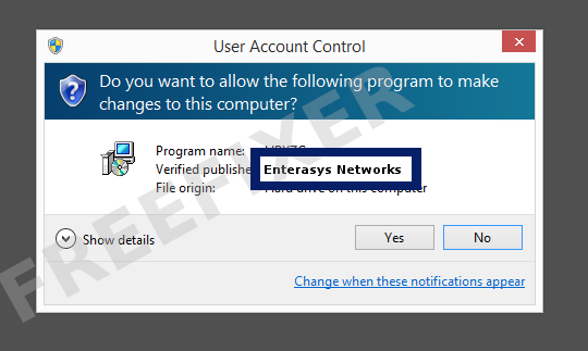 Screenshot where Enterasys Networks appears as the verified publisher in the UAC dialog